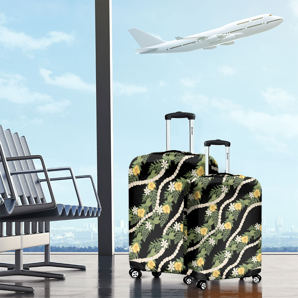 Hawaiian Pikake Maile Lei Luggage Cover Tiare Hibiscus Kalo Palapalai Leaf Black LT19 - Polynesian Pride