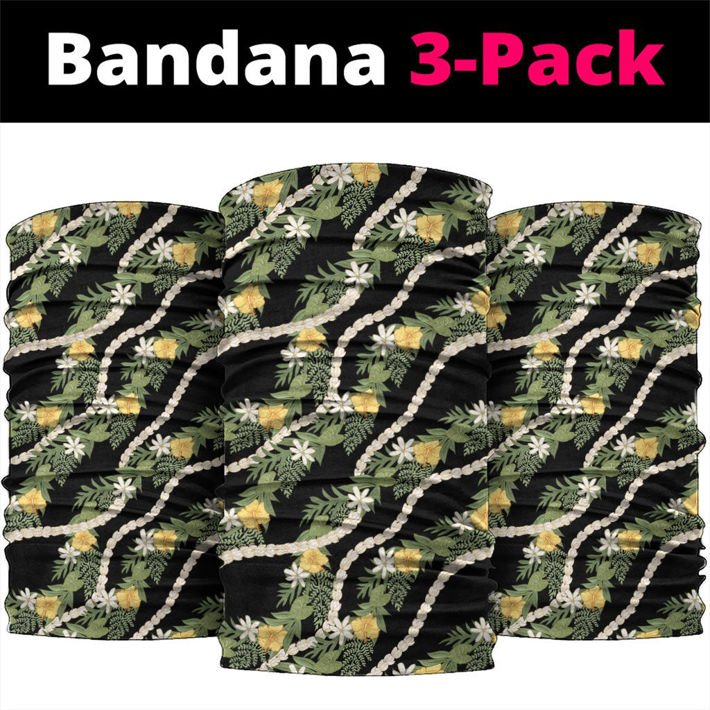 Hawaiian Pikake Maile Lei Neck Gaiter Tiare Hibiscus Kalo Palapalai Leaf Black