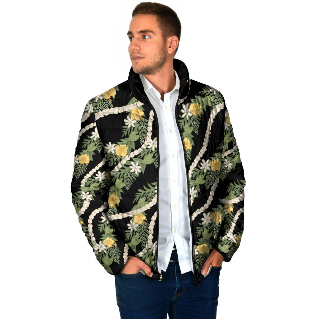 Hawaiian Pikake Maile Lei Padded Jacket Tiare Hibiscus Kalo Palapalai Leaf Black