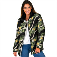 Hawaiian Pikake Maile Lei Padded Jacket Tiare Hibiscus Kalo Palapalai Leaf Black