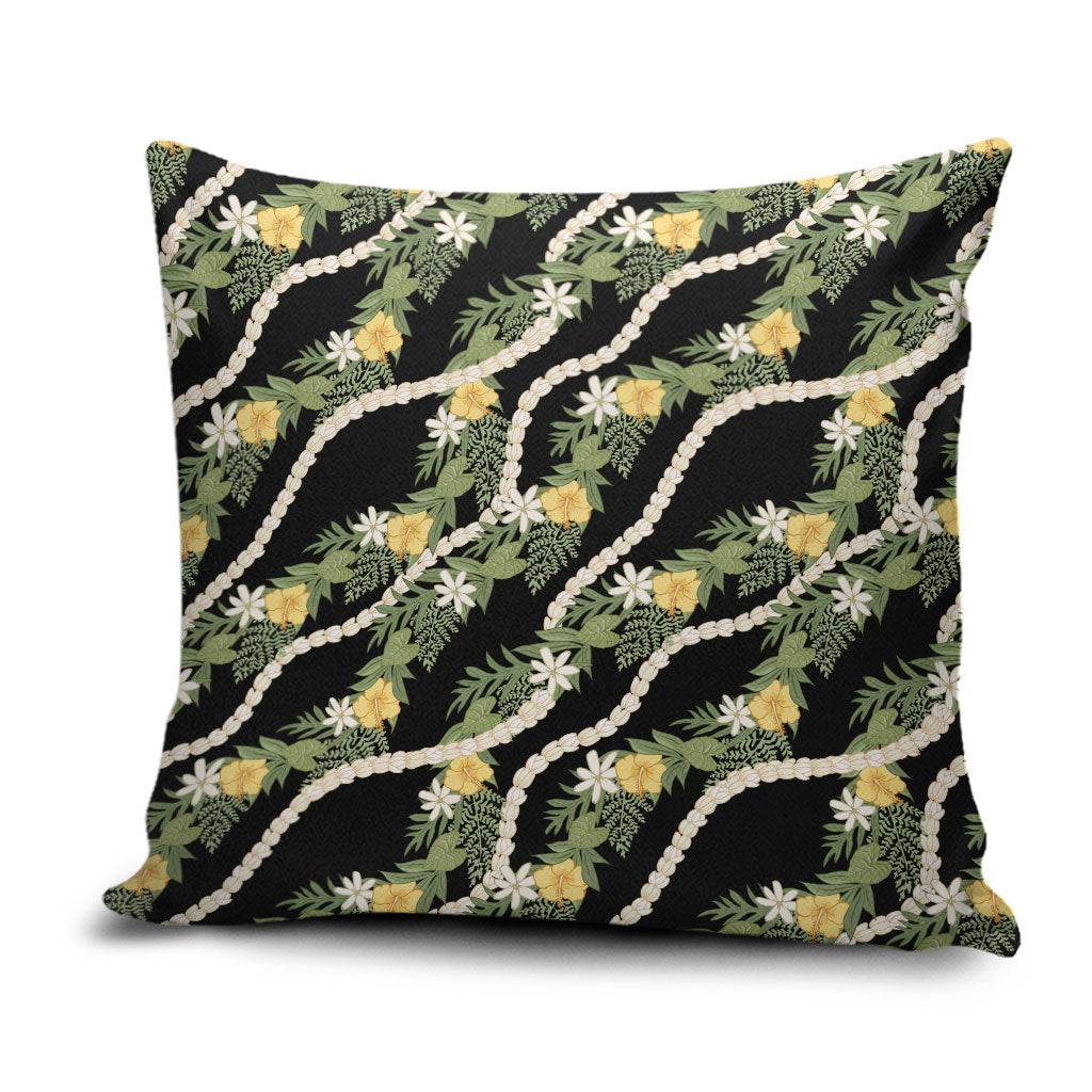 Hawaiian Pikake Maile Lei Pillow Cover Tiare Hibiscus Kalo Palapalai Leaf Black LT19 Black - Polynesian Pride