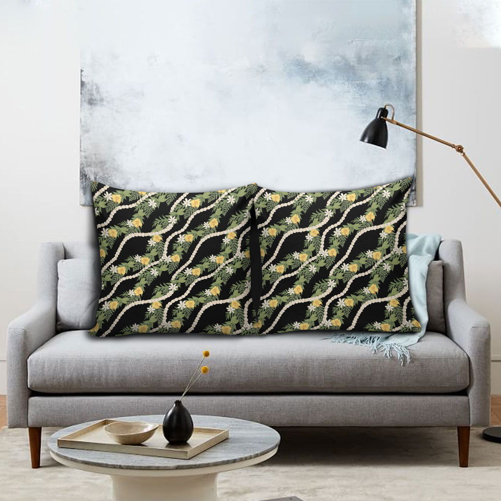 Hawaiian Pikake Maile Lei Pillow Cover Tiare Hibiscus Kalo Palapalai Leaf Black LT19 - Polynesian Pride