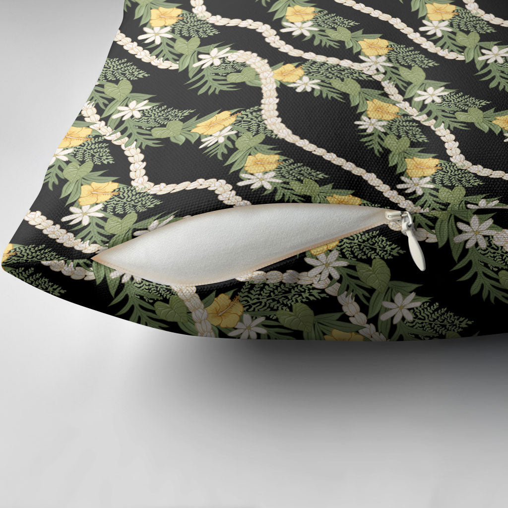 Hawaiian Pikake Maile Lei Pillow Cover Tiare Hibiscus Kalo Palapalai Leaf Black LT19 - Polynesian Pride