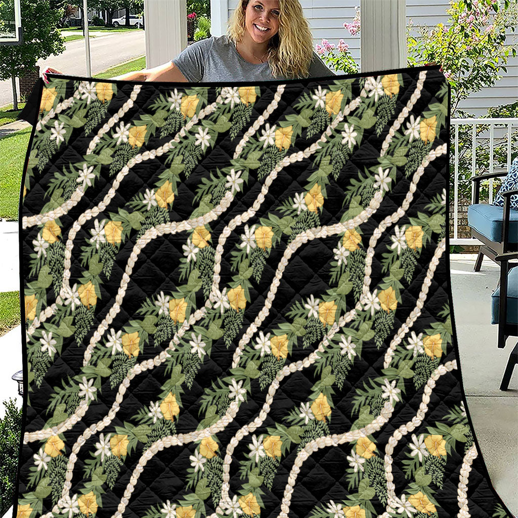 Hawaiian Pikake Maile Lei Quilt Tiare Hibiscus Kalo Palapalai Leaf Black LT19 Black - Polynesian Pride