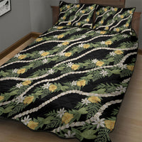 Hawaiian Pikake Maile Lei Quilt Bed Set Tiare Hibiscus Kalo Palapalai Leaf Black