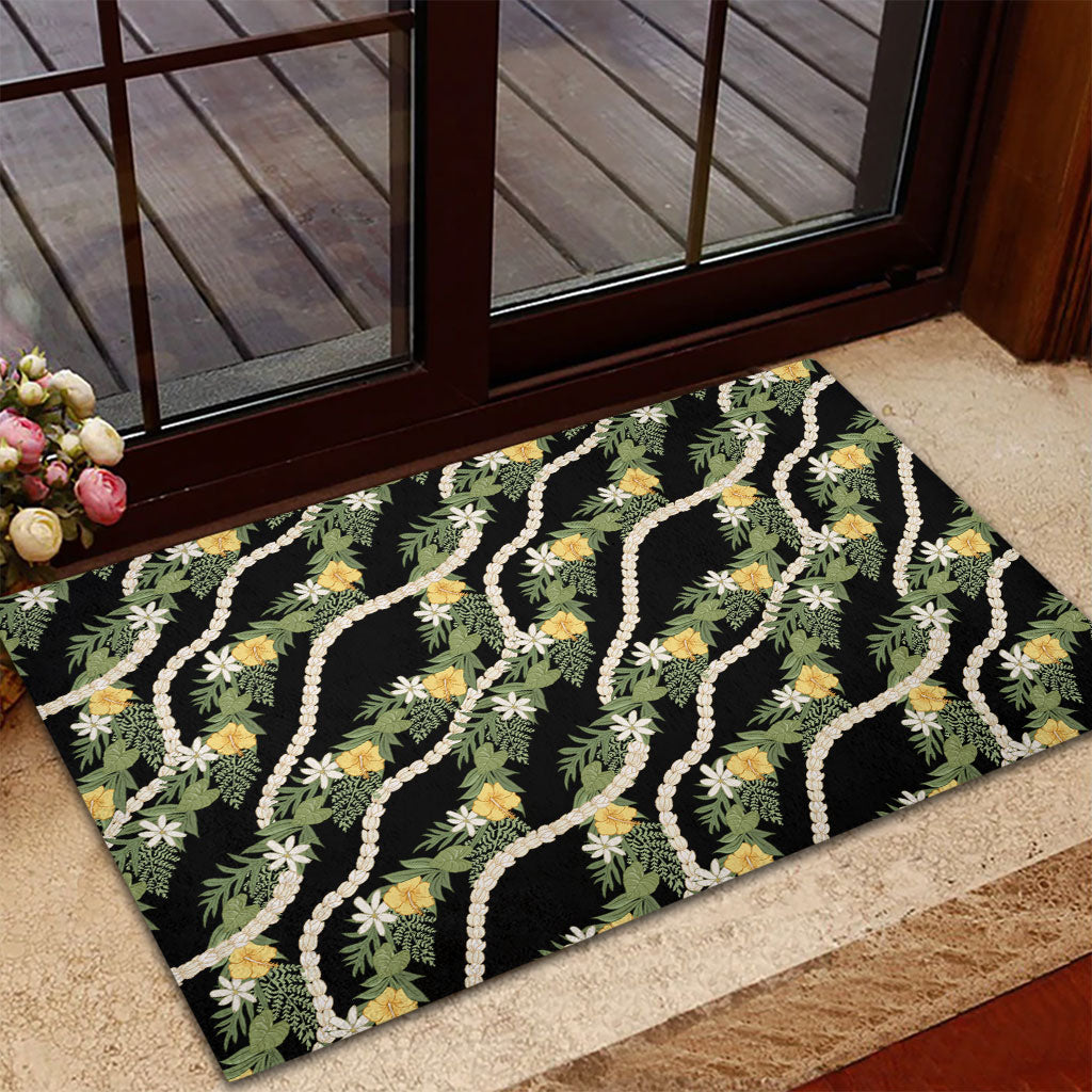 Hawaiian Pikake Maile Lei Rubber Doormat Tiare Hibiscus Kalo Palapalai Leaf Black