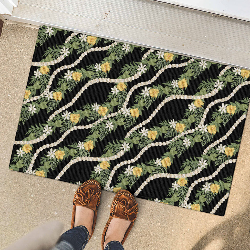 Hawaiian Pikake Maile Lei Rubber Doormat Tiare Hibiscus Kalo Palapalai Leaf Black
