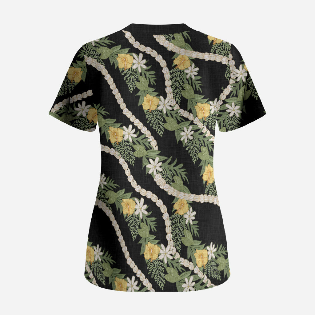 Hawaiian Pikake Maile Lei Scrub Top Tiare Hibiscus Kalo Palapalai Leaf Black