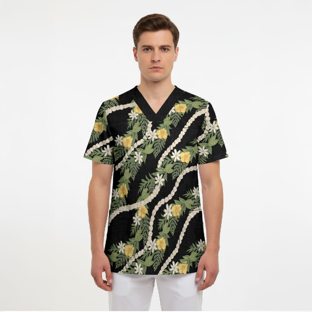 Hawaiian Pikake Maile Lei Scrub Top Tiare Hibiscus Kalo Palapalai Leaf Black