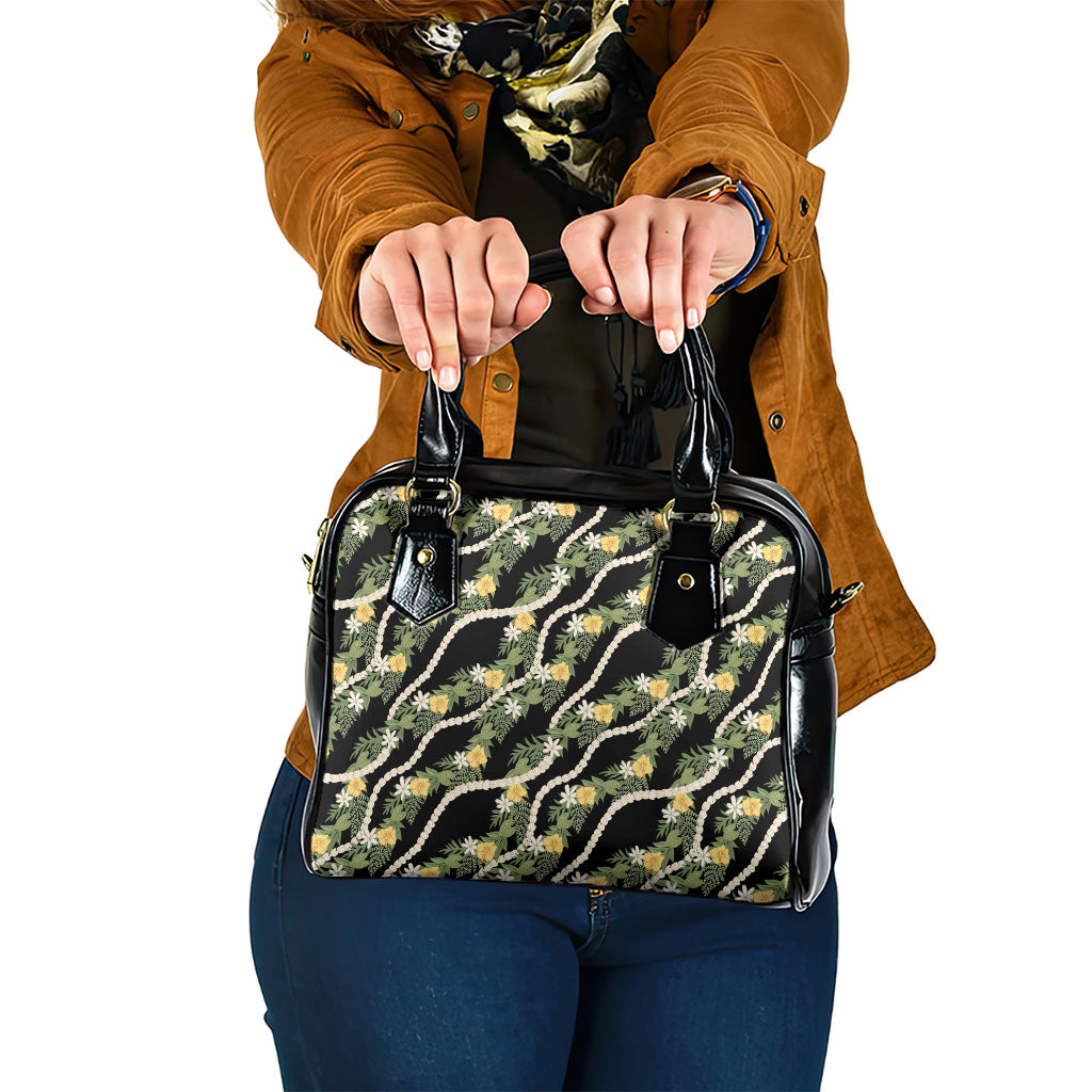 Hawaiian Pikake Maile Lei Shoulder Handbag Tiare Hibiscus Kalo Palapalai Leaf Black LT19 One Size Black - Polynesian Pride