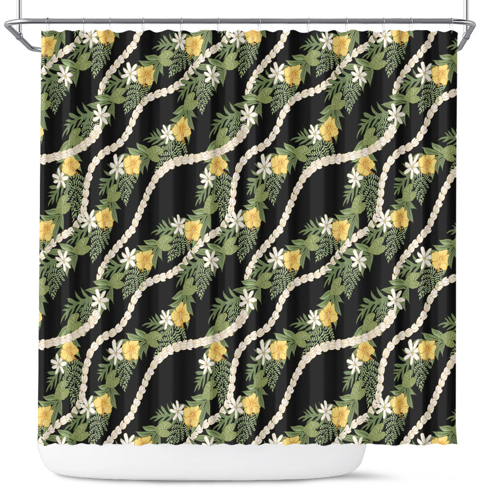 Hawaiian Pikake Maile Lei Shower Curtain Tiare Hibiscus Kalo Palapalai Leaf Black LT19 Black - Polynesian Pride