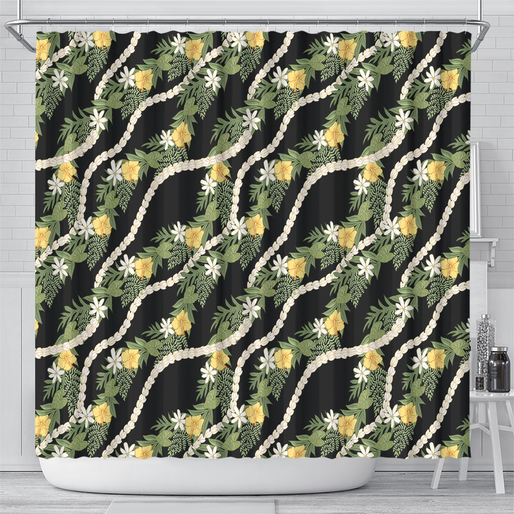 Hawaiian Pikake Maile Lei Shower Curtain Tiare Hibiscus Kalo Palapalai Leaf Black LT19 - Polynesian Pride