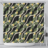 Hawaiian Pikake Maile Lei Shower Curtain Tiare Hibiscus Kalo Palapalai Leaf Black LT19 - Polynesian Pride