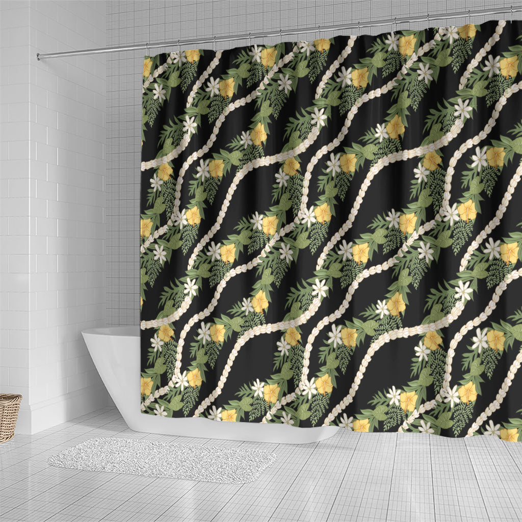 Hawaiian Pikake Maile Lei Shower Curtain Tiare Hibiscus Kalo Palapalai Leaf Black LT19 - Polynesian Pride