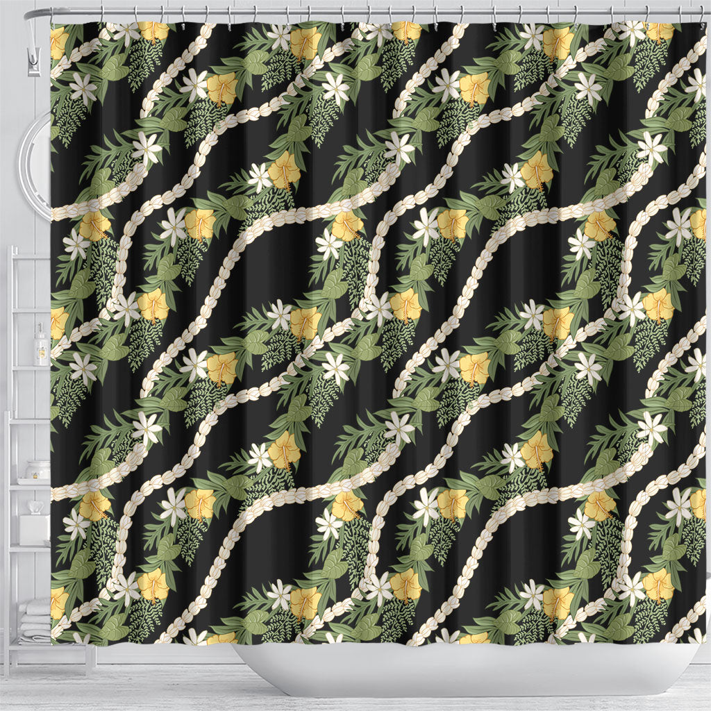 Hawaiian Pikake Maile Lei Shower Curtain Tiare Hibiscus Kalo Palapalai Leaf Black LT19 - Polynesian Pride