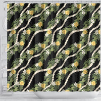 Hawaiian Pikake Maile Lei Shower Curtain Tiare Hibiscus Kalo Palapalai Leaf Black LT19 - Polynesian Pride