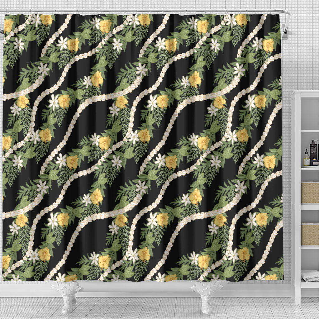Hawaiian Pikake Maile Lei Shower Curtain Tiare Hibiscus Kalo Palapalai Leaf Black LT19 - Polynesian Pride