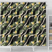 Hawaiian Pikake Maile Lei Shower Curtain Tiare Hibiscus Kalo Palapalai Leaf Black LT19 - Polynesian Pride