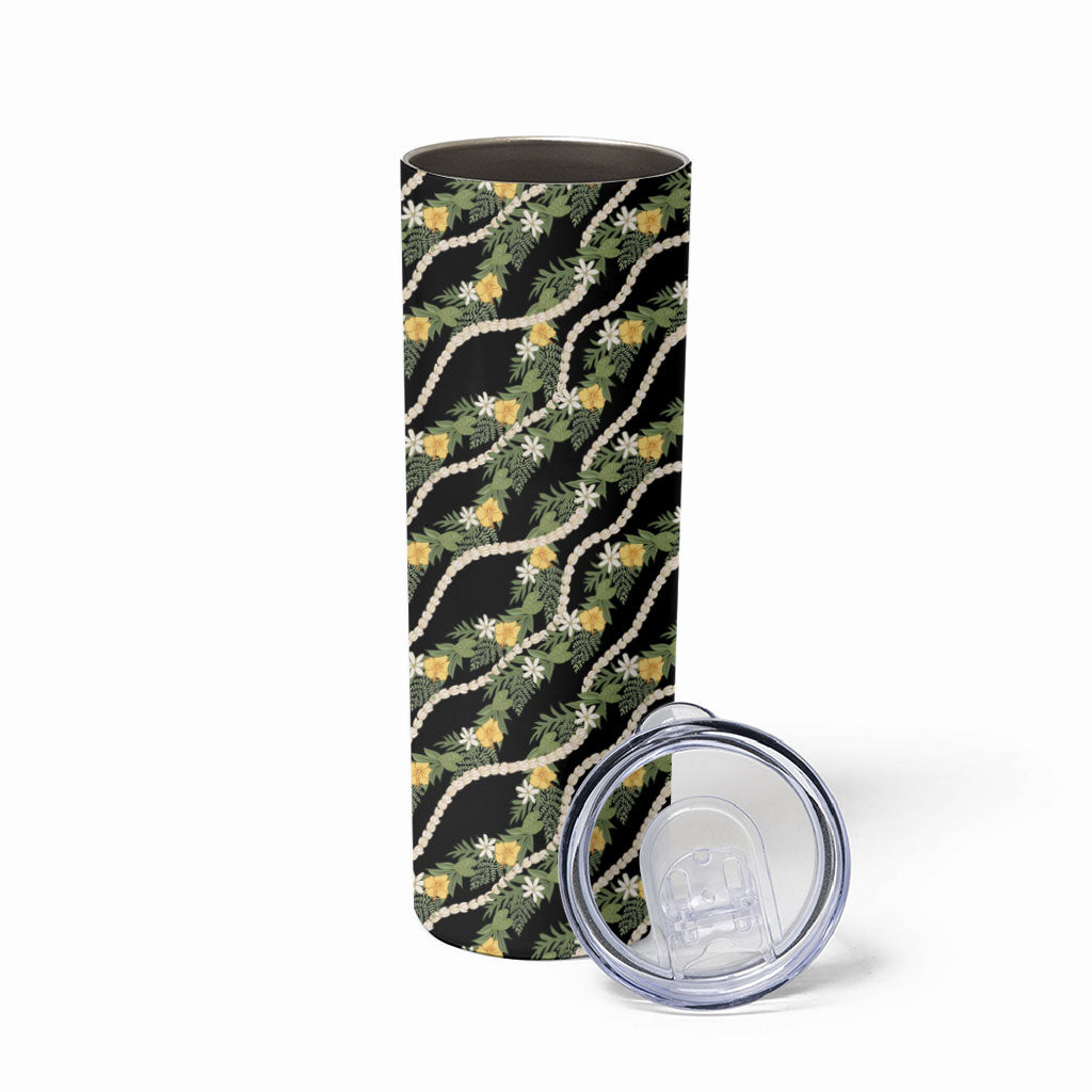 Hawaiian Pikake Maile Lei Skinny Tumbler Tiare Hibiscus Kalo Palapalai Leaf Black