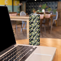Hawaiian Pikake Maile Lei Skinny Tumbler Tiare Hibiscus Kalo Palapalai Leaf Black
