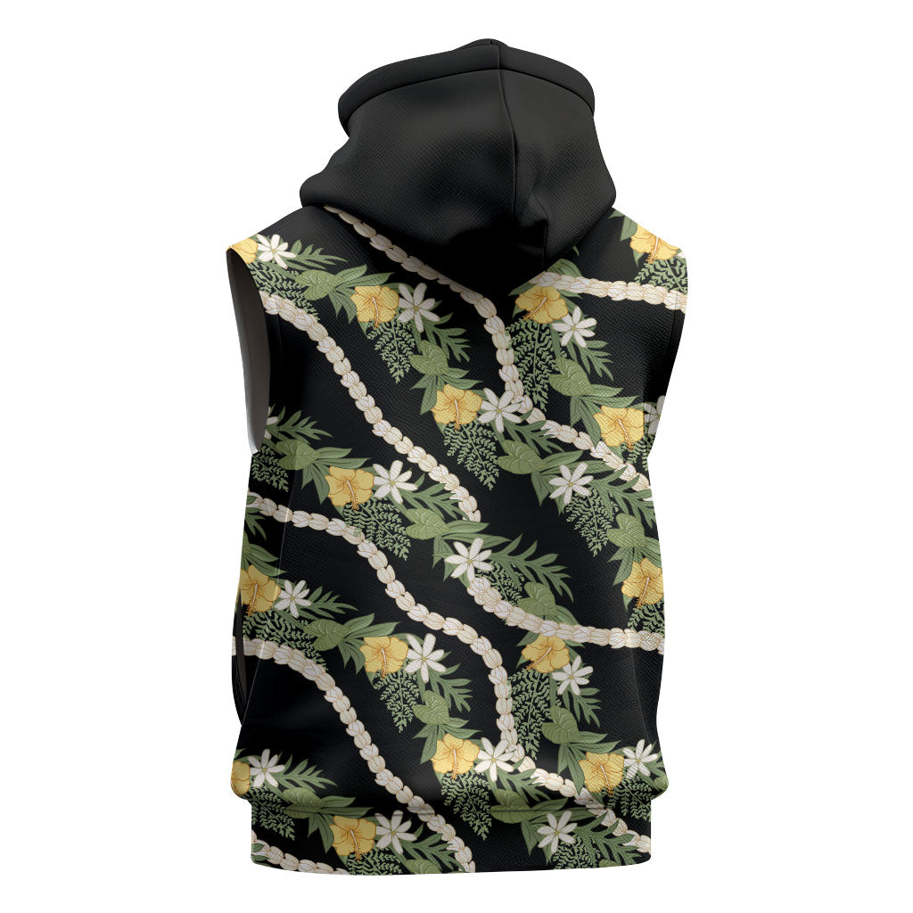 Hawaiian Pikake Maile Lei Sleeveless Hoodie Tiare Hibiscus Kalo Palapalai Leaf Black LT19 - Polynesian Pride