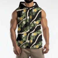 Hawaiian Pikake Maile Lei Sleeveless Zip Hoodie Tiare Hibiscus Kalo Palapalai Leaf Black LT19 - Polynesian Pride