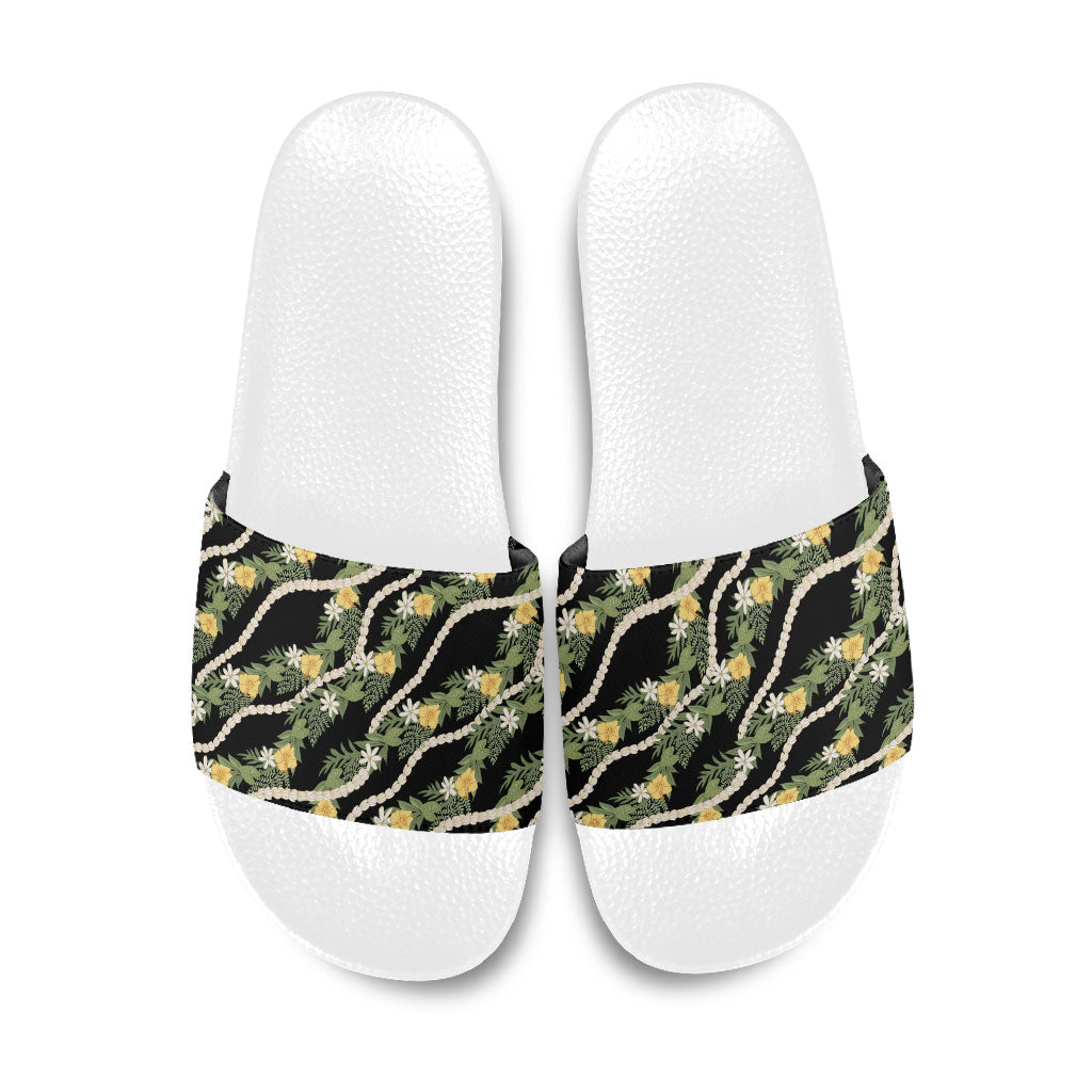 Hawaiian Pikake Maile Lei Slide Sandals Tiare Hibiscus Kalo Palapalai Leaf Black