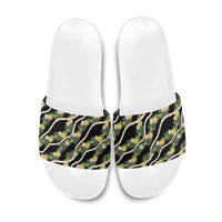 Hawaiian Pikake Maile Lei Slide Sandals Tiare Hibiscus Kalo Palapalai Leaf Black