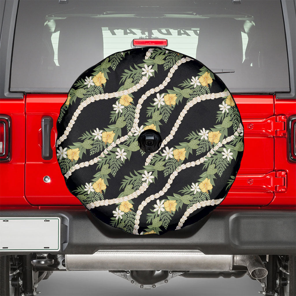 Hawaiian Pikake Maile Lei Spare Tire Cover Tiare Hibiscus Kalo Palapalai Leaf Black LT19 - Polynesian Pride