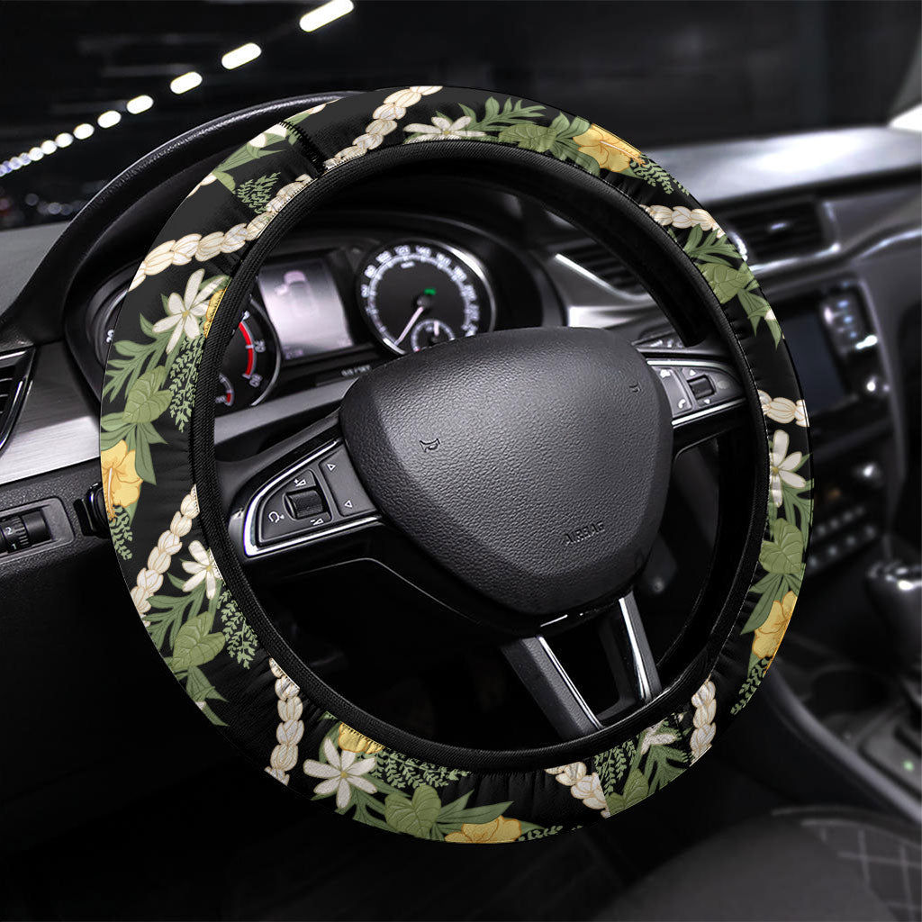Hawaiian Pikake Maile Lei Steering Wheel Cover Tiare Hibiscus Kalo Palapalai Leaf Black LT19 Universal Fit Black - Polynesian Pride