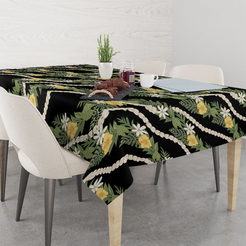Hawaiian Pikake Maile Lei Tablecloth Tiare Hibiscus Kalo Palapalai Leaf Black