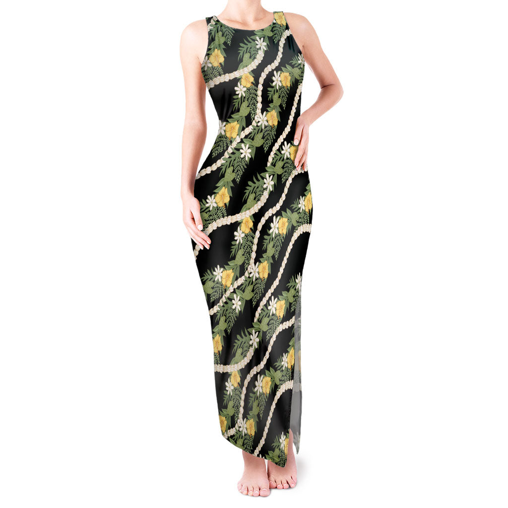Hawaiian Pikake Maile Lei Tank Maxi Dress Tiare Hibiscus Kalo Palapalai Leaf Black