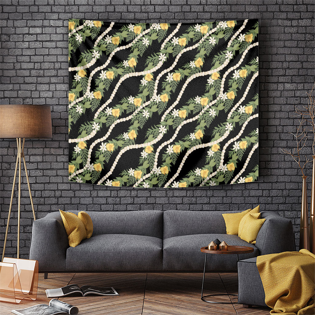 Hawaiian Pikake Maile Lei Tapestry Tiare Hibiscus Kalo Palapalai Leaf Black LT19 Black - Polynesian Pride
