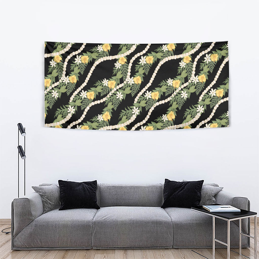 Hawaiian Pikake Maile Lei Tapestry Tiare Hibiscus Kalo Palapalai Leaf Black