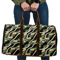 Hawaiian Pikake Maile Lei Travel Bag Tiare Hibiscus Kalo Palapalai Leaf Black