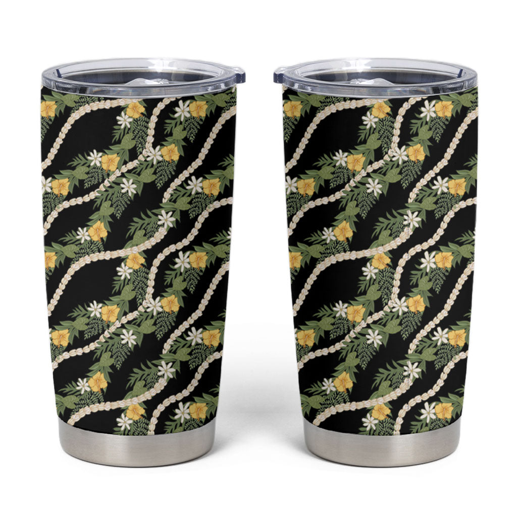 Hawaiian Pikake Maile Lei Tumbler Cup Tiare Hibiscus Kalo Palapalai Leaf Black LT19 Black - Polynesian Pride