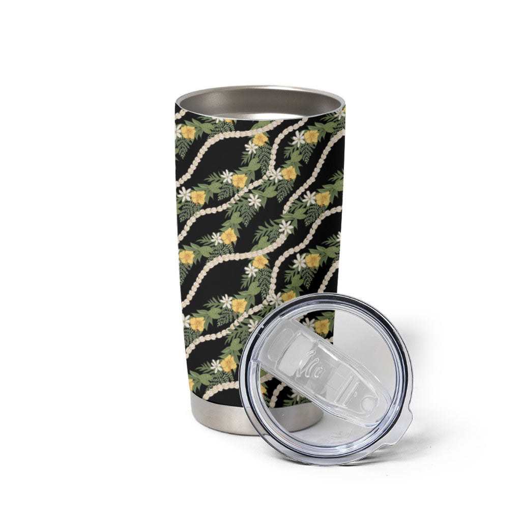 Hawaiian Pikake Maile Lei Tumbler Cup Tiare Hibiscus Kalo Palapalai Leaf Black LT19 - Polynesian Pride