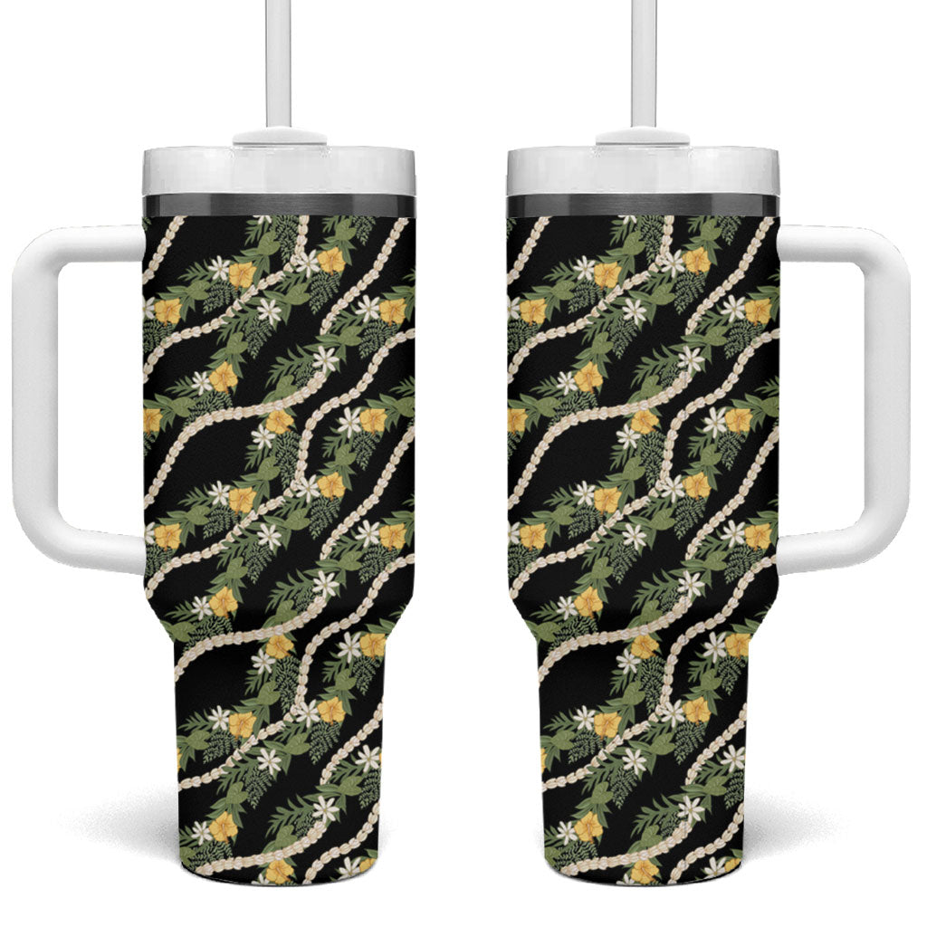 Hawaiian Pikake Maile Lei Tumbler With Handle Tiare Hibiscus Kalo Palapalai Leaf Black