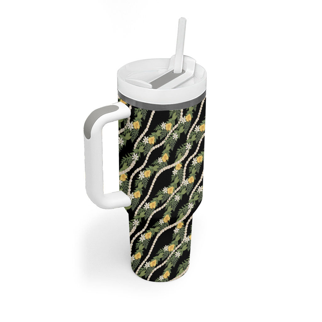 Hawaiian Pikake Maile Lei Tumbler With Handle Tiare Hibiscus Kalo Palapalai Leaf Black LT19 - Polynesian Pride