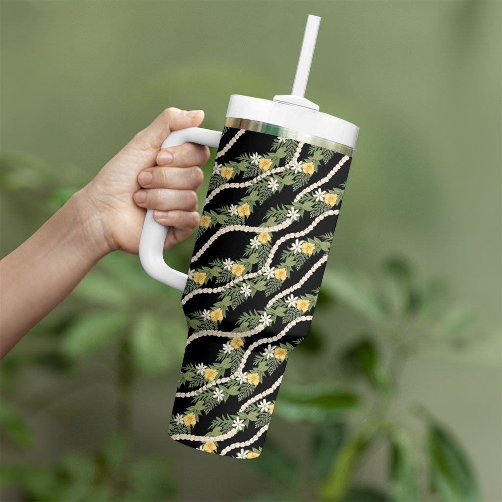 Hawaiian Pikake Maile Lei Tumbler With Handle Tiare Hibiscus Kalo Palapalai Leaf Black LT19 - Polynesian Pride