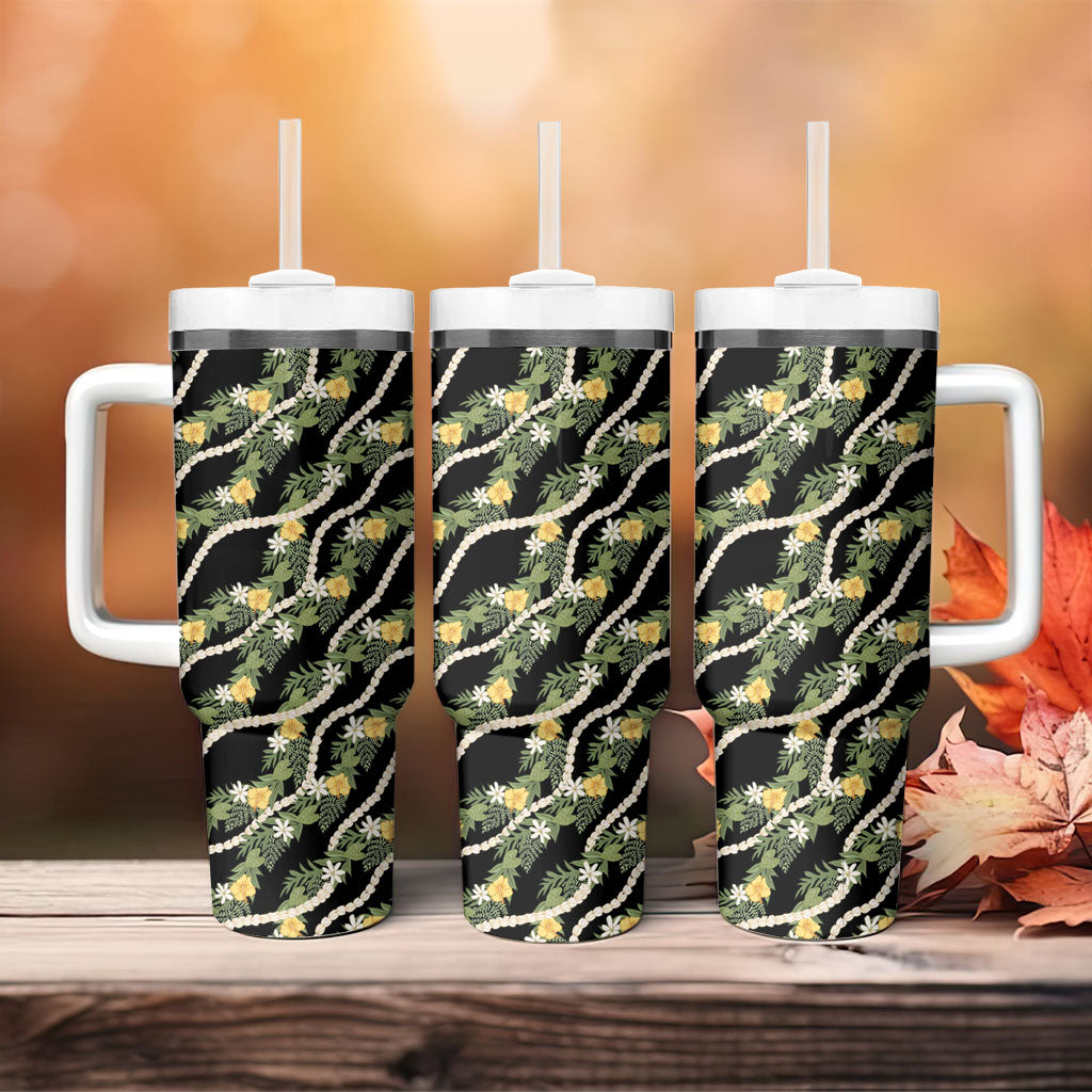 Hawaiian Pikake Maile Lei Tumbler With Handle Tiare Hibiscus Kalo Palapalai Leaf Black LT19 - Polynesian Pride