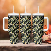 Hawaiian Pikake Maile Lei Tumbler With Handle Tiare Hibiscus Kalo Palapalai Leaf Black LT19 - Polynesian Pride
