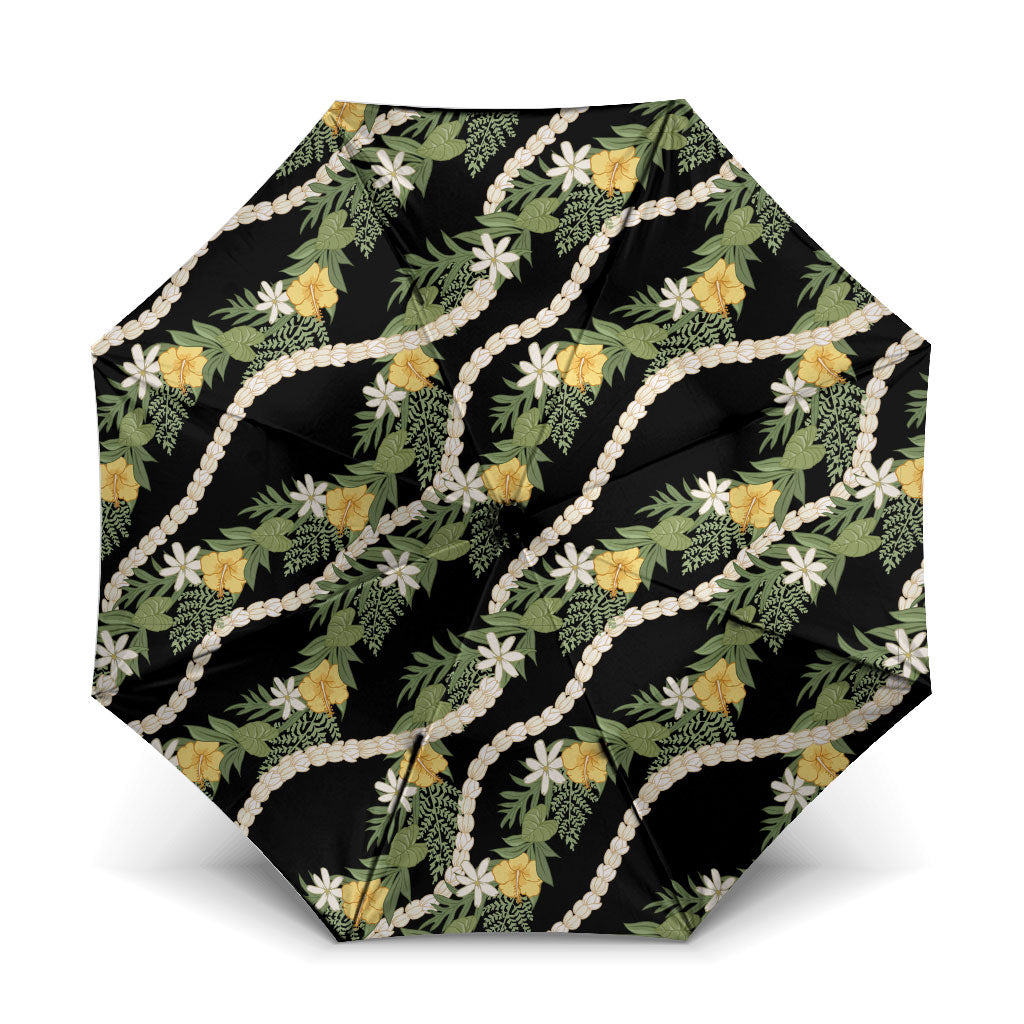 Hawaiian Pikake Maile Lei Umbrella Tiare Hibiscus Kalo Palapalai Leaf Black LT19 One Size Folded 11.42 inch Opened Diameter 37.4 inch Black - Polynesian Pride