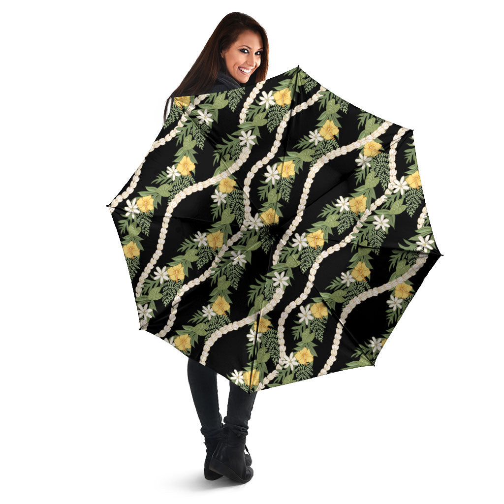 Hawaiian Pikake Maile Lei Umbrella Tiare Hibiscus Kalo Palapalai Leaf Black