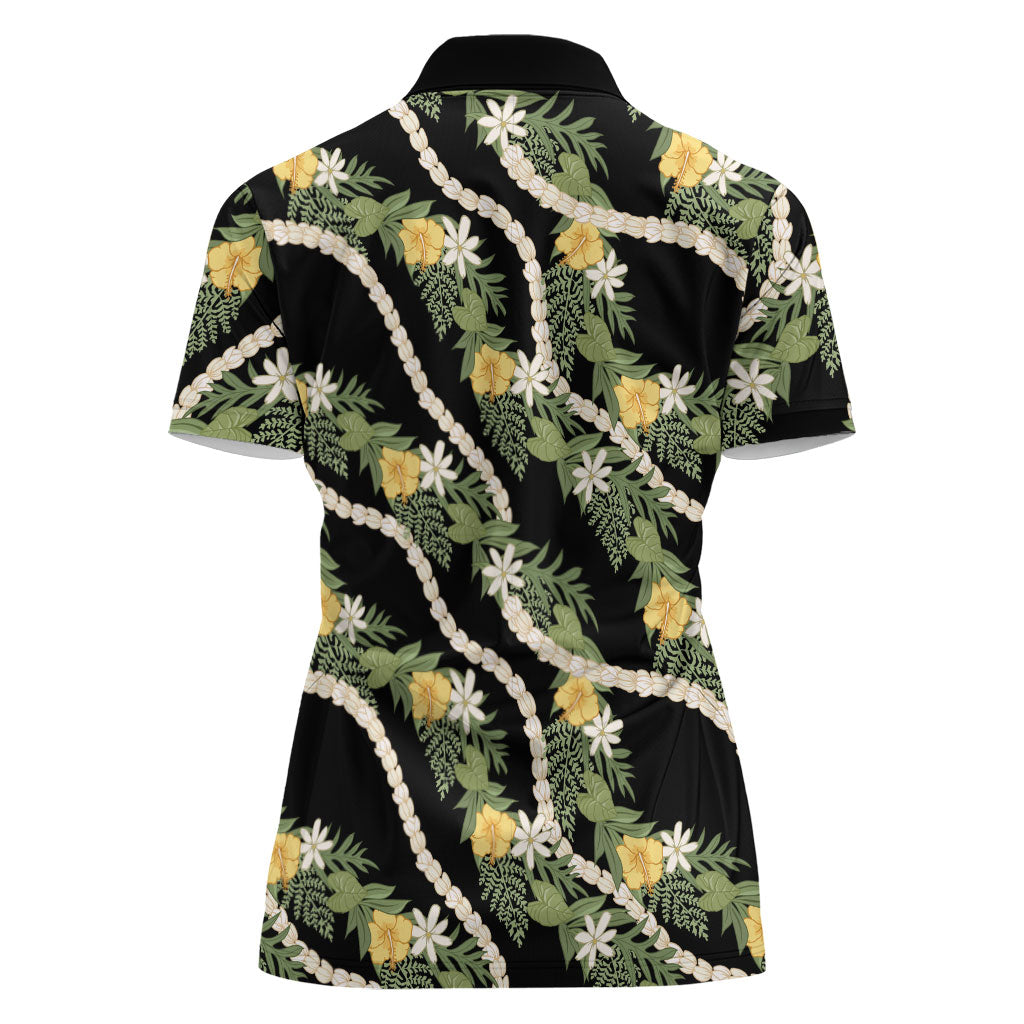 Hawaiian Pikake Maile Lei Women Polo Shirt Tiare Hibiscus Kalo Palapalai Leaf Black