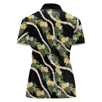 Hawaiian Pikake Maile Lei Women Polo Shirt Tiare Hibiscus Kalo Palapalai Leaf Black