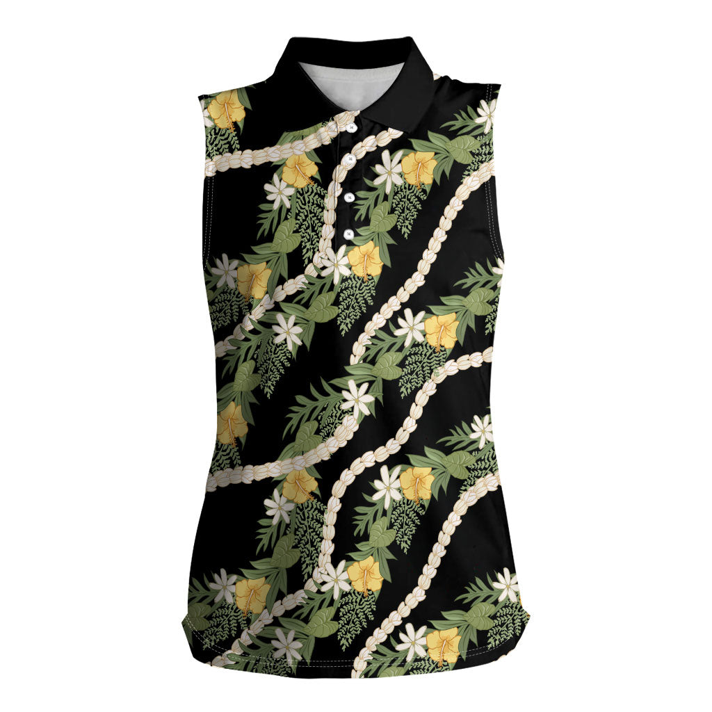 Hawaiian Pikake Maile Lei Women Sleeveless Polo Shirt Tiare Hibiscus Kalo Palapalai Leaf Black