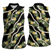 Hawaiian Pikake Maile Lei Women Sleeveless Polo Shirt Tiare Hibiscus Kalo Palapalai Leaf Black