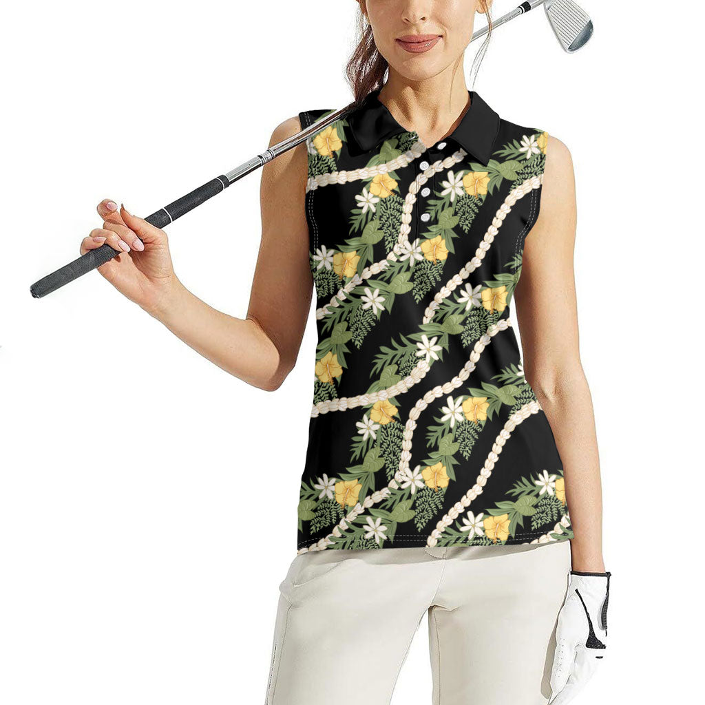 Hawaiian Pikake Maile Lei Women Sleeveless Polo Shirt Tiare Hibiscus Kalo Palapalai Leaf Black