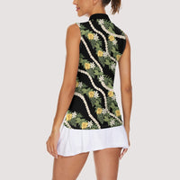 Hawaiian Pikake Maile Lei Women Sleeveless Polo Shirt Tiare Hibiscus Kalo Palapalai Leaf Black